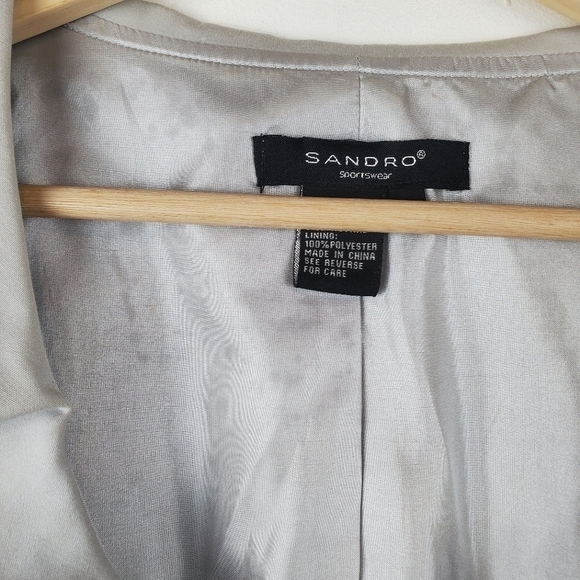 Sandro Jacket Womens Large Gray Silver Blazer Tie Waist Button Up 3/4 sleeves - Picture 7 of 13